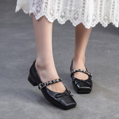 Low Heel Shoes Genuine Leather Pumps Square Toe Mary Jane Shoes Shallow Women's Shoes
