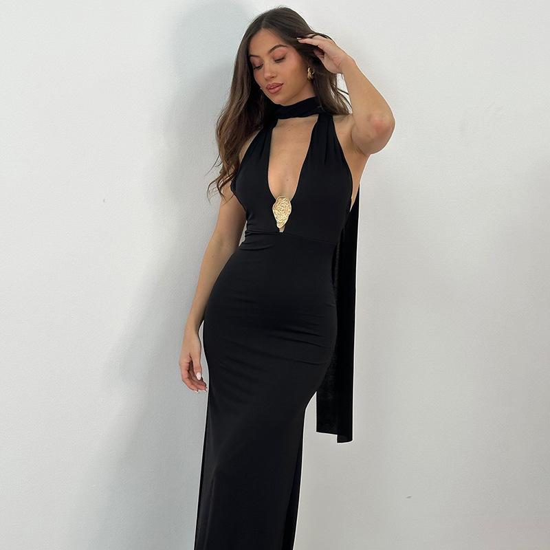 Europe and the United States hot-selling women's clothing summer new sexy deep V neck streamer slim sleeveless dress women
