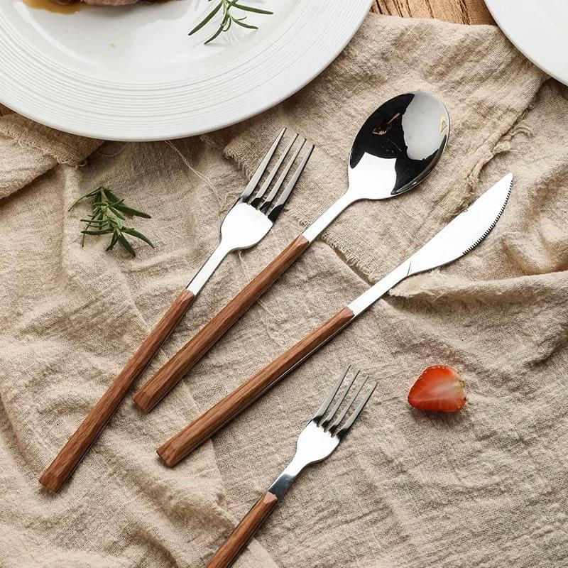 5PCS Stainless Steel Imitation Wooden Handle Cutlery Set Knife Fork Spoon Western Tableware Kitchen Flatware Set Dinnerware