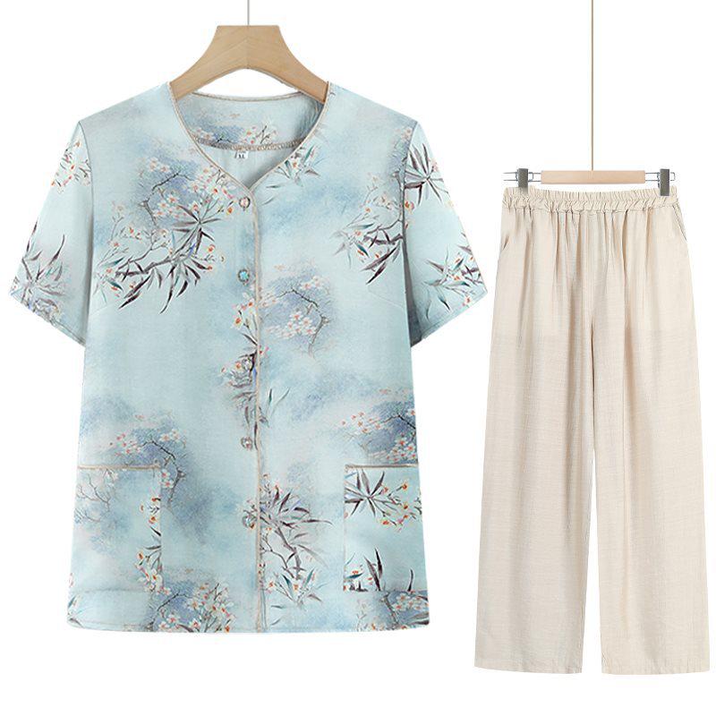 Stylish Two-Piece Summer Top for Middle-aged & Elderly Women - Short-Sleeve Shirt Set for Moms & Grandmas