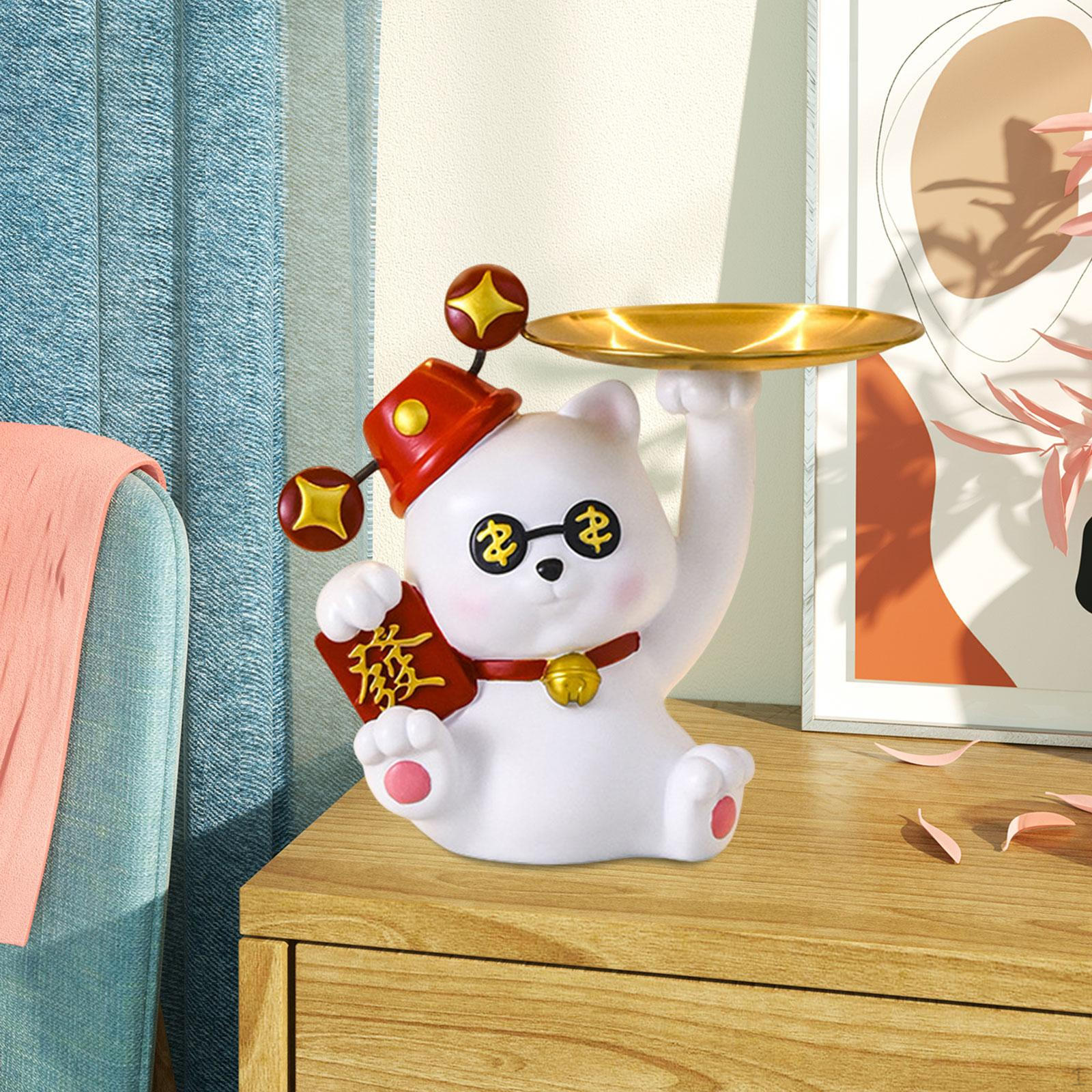 

Cat Statue Desktop Organizer Ornament Sundries Container Home Decor Key Storage Tray with for белый