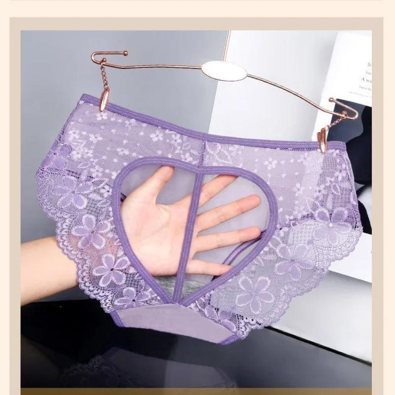 Women'S Panties Summer Thin Lace Floral Hollowed Underwear Open Butt Thong Lingerie Low Rise Transparent See Through Briefs