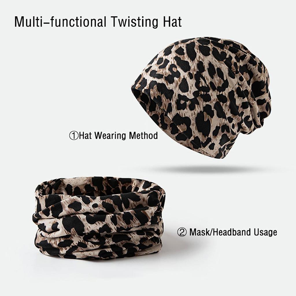 Fashion Leopard Beanies Cap for Women Vintage Knitted Warm Dual-use Skullcap Snood Casual Riding Windproof Pullover Hat