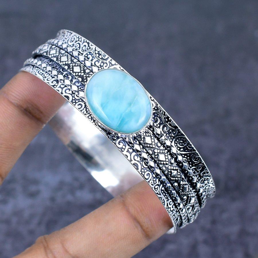 Republic Larimar Gemstone Handmade 925 Sterling Silver Cuff Bangle 7.5" Y5y14