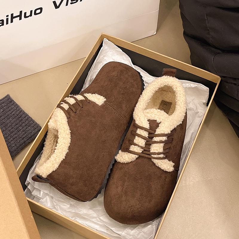 Fashion Winter New Flat Shoes Women's Fashion Round Head Suede Front Lacing Soft Sole Anti-slip Wear-resistant Low-top Shoes