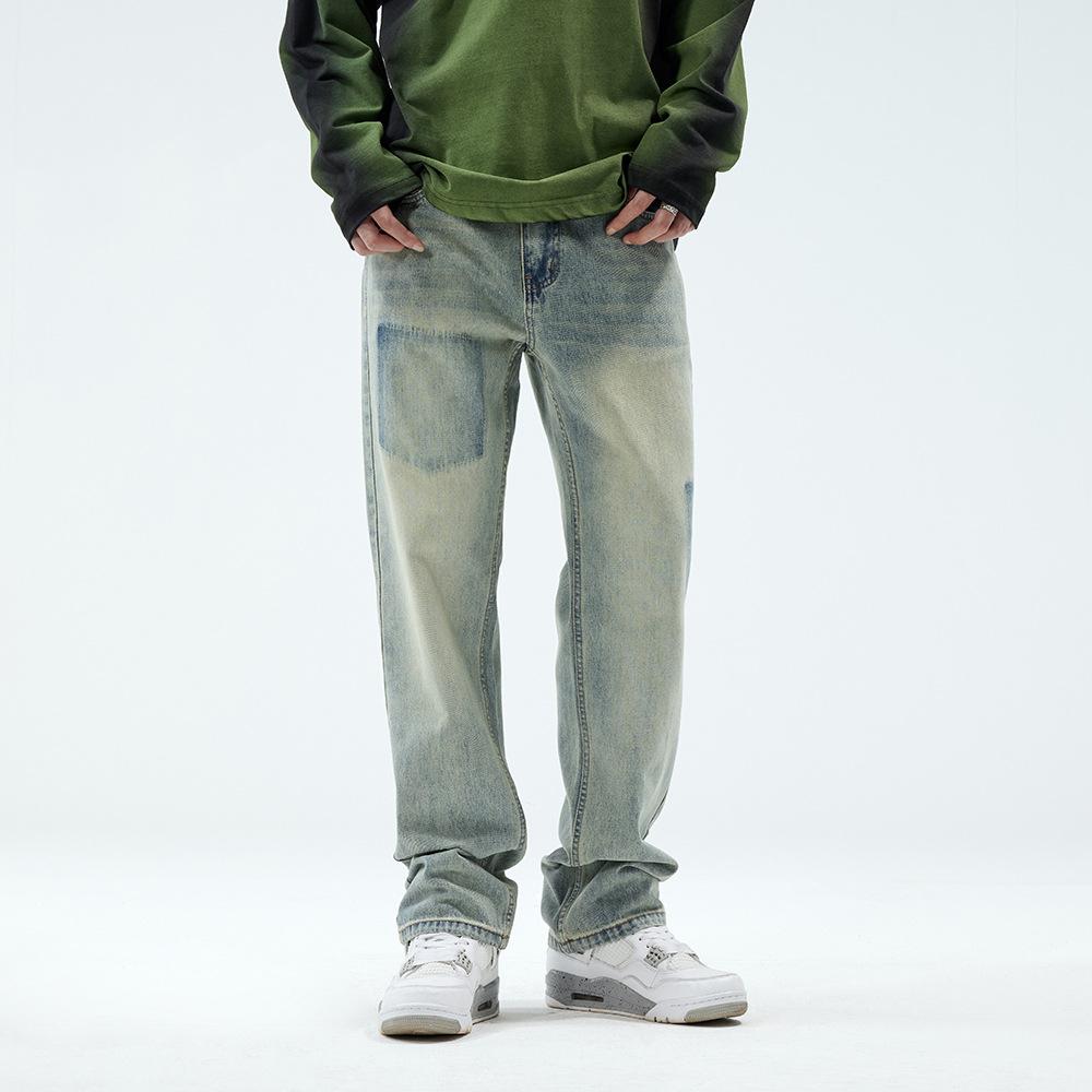 American street washed contrasting jeans men's and women's versatile retro straight-leg pants high street old casual trousers