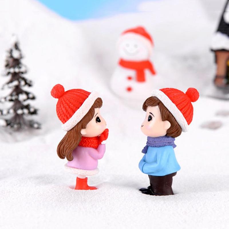 1pair Lovers Snowman Couple Statue Resin Craftwork Garden Miniature Micro Landscape Festival Atmosphere Maison Christmas Statue