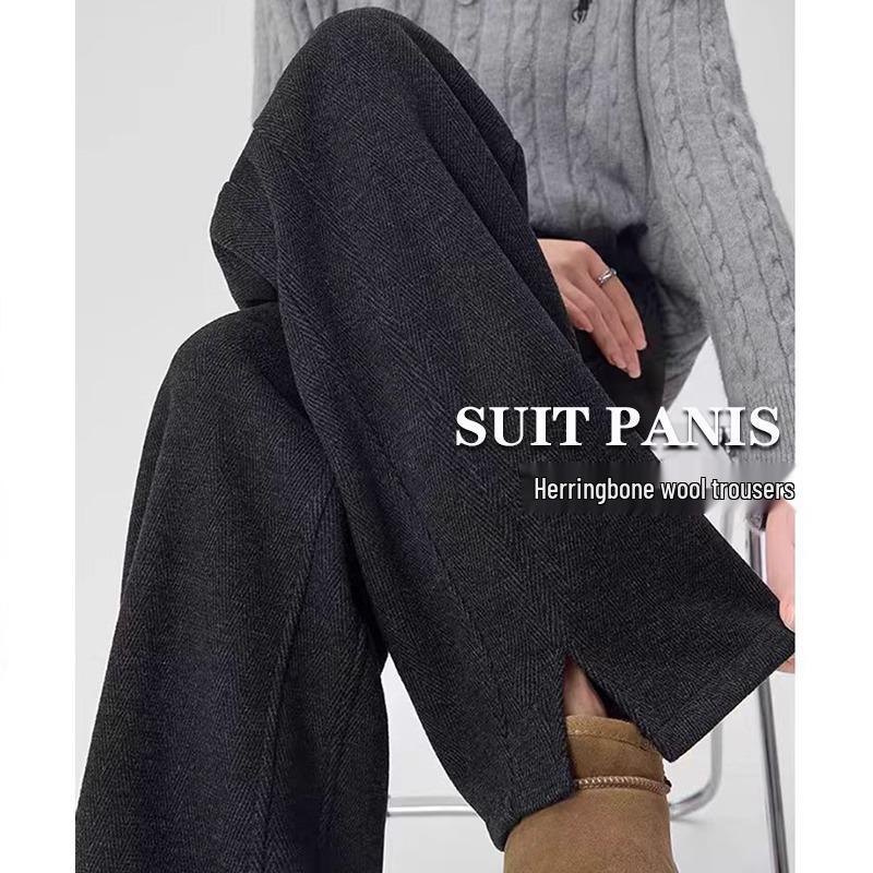 

Women s 2024 Herringbone Wool Drape Pants: Acetate Blend, Wide-Leg, Plus Velvet, Straight Slim Fit for Autumn/Winter. Medium