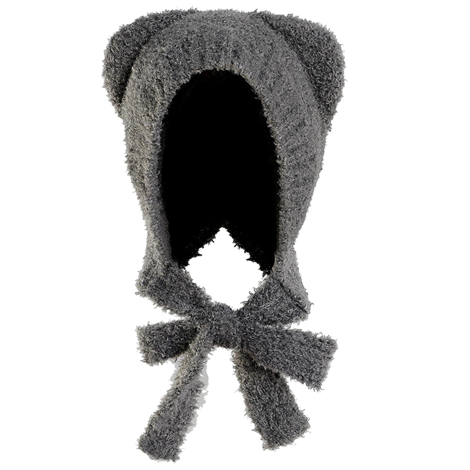 

Шапка-бини с медвежьими ушками, вязаная шапка-ушанка для девочек Y2K, женщин, ветрозащитная шапка-ушанка, шапка-череп для активного отдыха, повседневная шапка темно серый