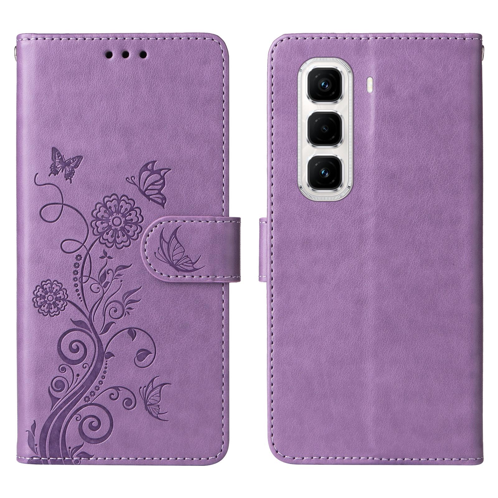 

For Infinix Hot 50 Pro+ 4G Leather Case Butterfly Floral Imprint Wallet Stand Cover Purple