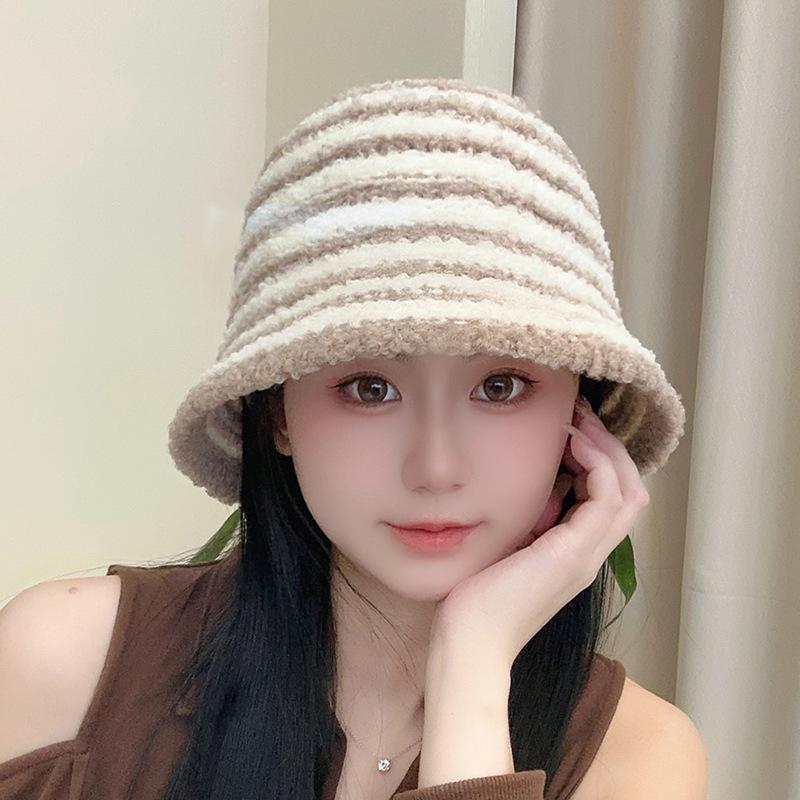 Knitted Bucket Hat for Women Autumn and Winter Korean Version Ins Face-showing Small Striped Fisherman Hat Casual Versatile Dome Wool Basin Hat