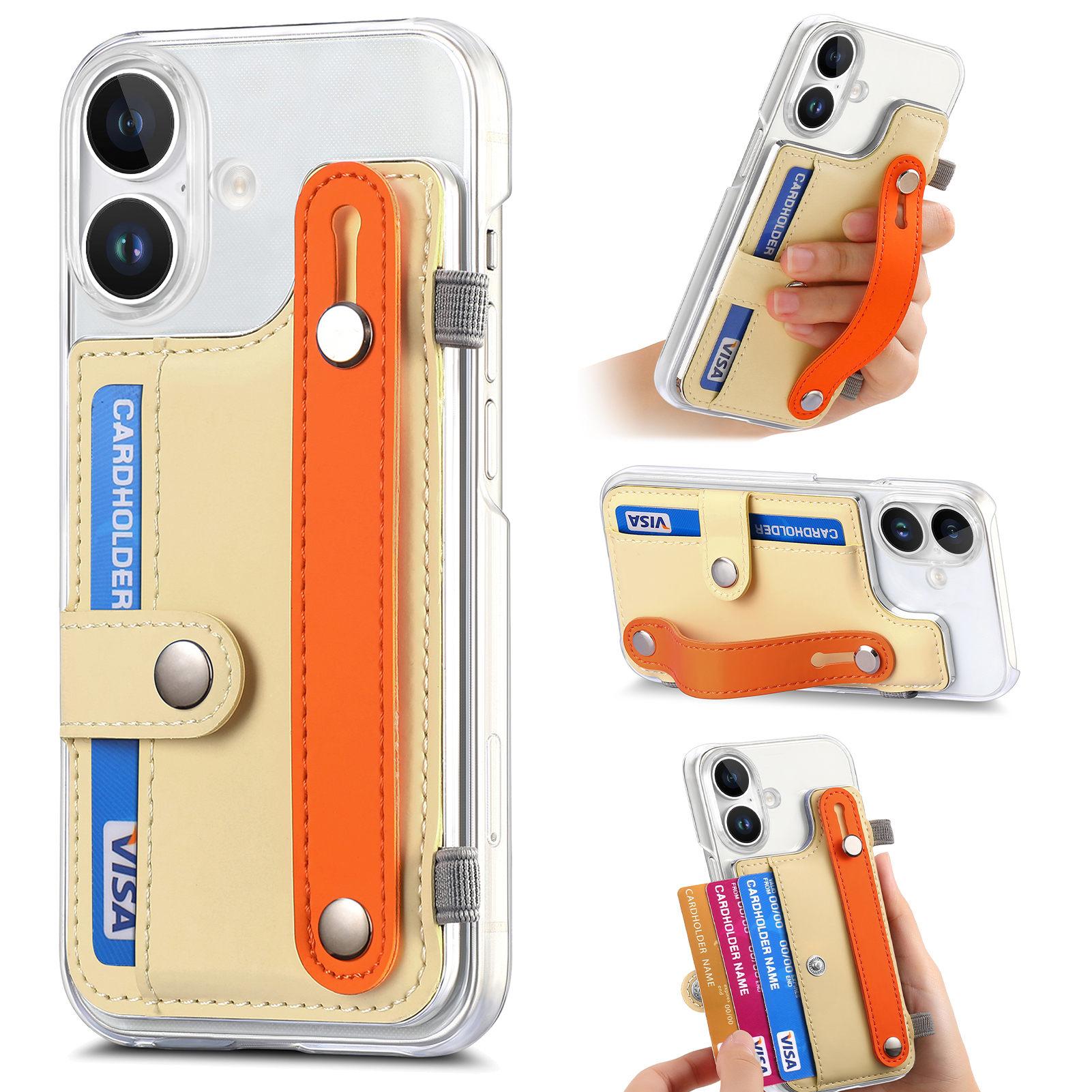 

CY1 For iPhone 16 Plus Case Card Slot Wristband Kickstand Leather+PC Phone Cover Yellow