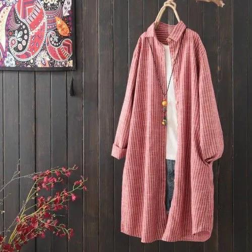 Women's Blouse Loose Cotton-Linen Shirt Women's Long Coat Shirt