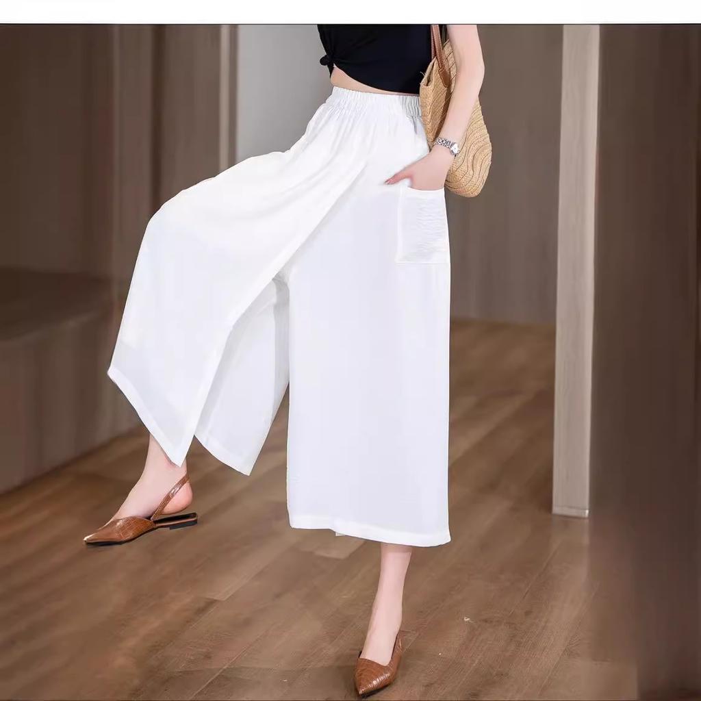 Hot Season Thin Style Loose High Waist Slit Lazy Style Casual Skirt Pants Hips and Thighs Thick Slimming Eight-point Wide-leg Pants for Women