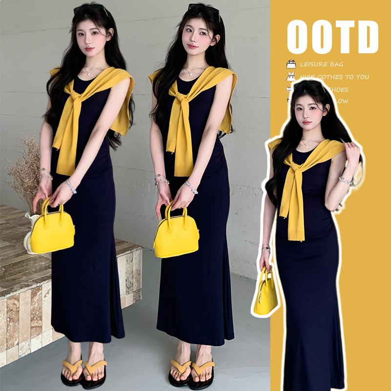 2026 Summer Elegant Maternity Tank Dress & Knit Shawl Two-Piece Set M