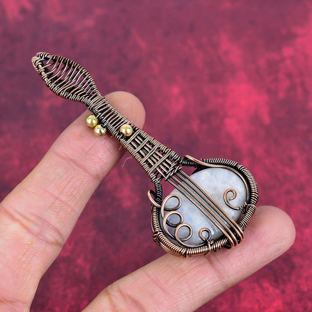 Rainbow Moonstone Pendant Copper Wire Wrapped Guitar Pendant Genuine Gemstone Jewelry Handmade Elegant Pendant Copper Jewelry Gifts for Wife