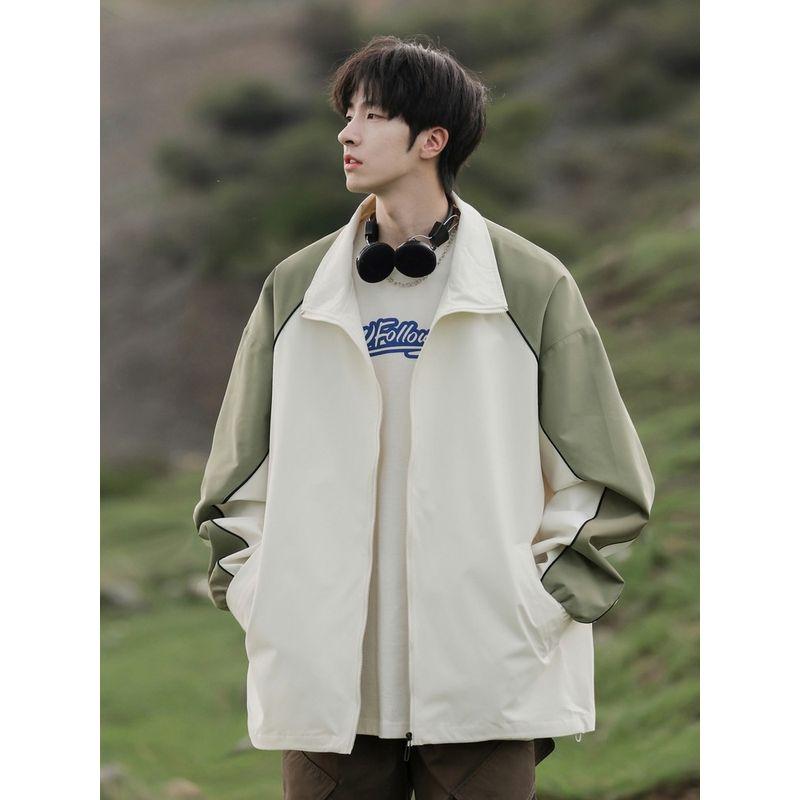 Wassup American-Style Autumn Stand-Up Collar Jacket for Men, Spring and Autumn Thin Casual Color-Blocking Patchwork Couple's Jacket Top