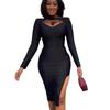 Damska Seksowna Sukienka Bandażowa z Koralikami i Długim Rękawem z Rozcięciem