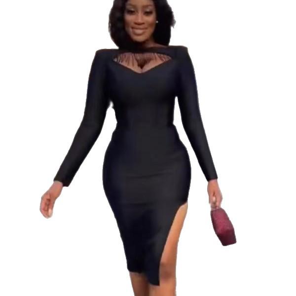 Damska Seksowna Sukienka Bandażowa z Koralikami i Długim Rękawem z Rozcięciem