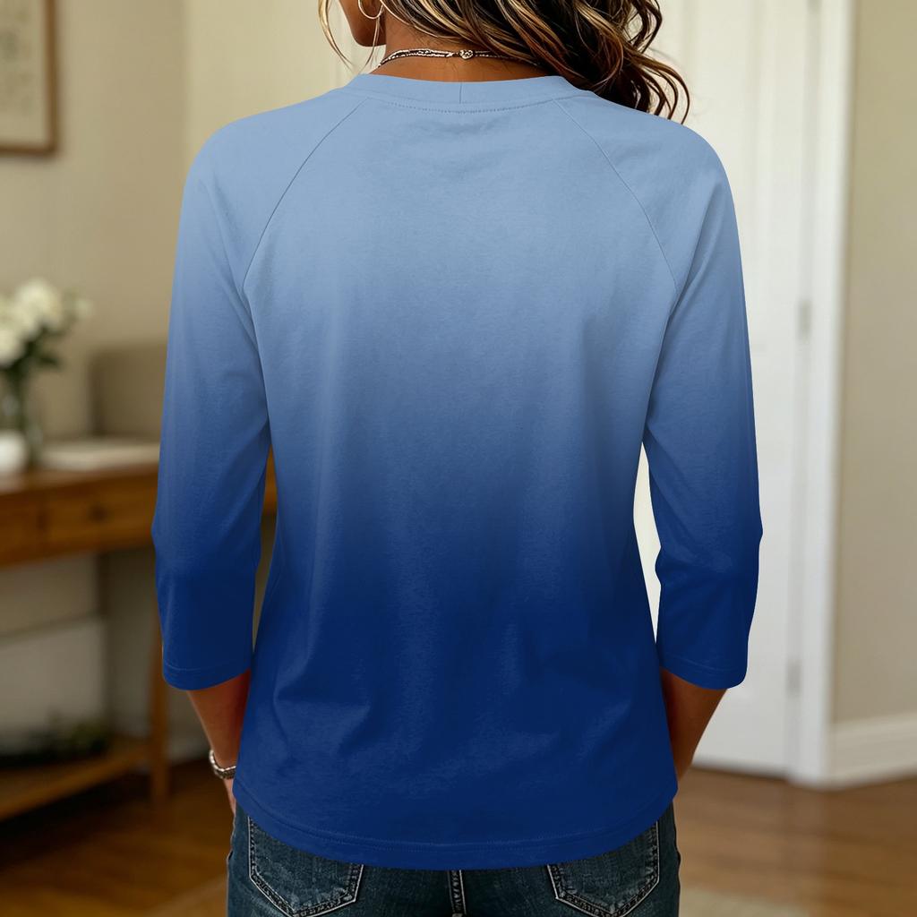 Women's Casual Raglan Sleeve Round Neck 3/4 Sleeve Gradient Print Pullover T-Shirt