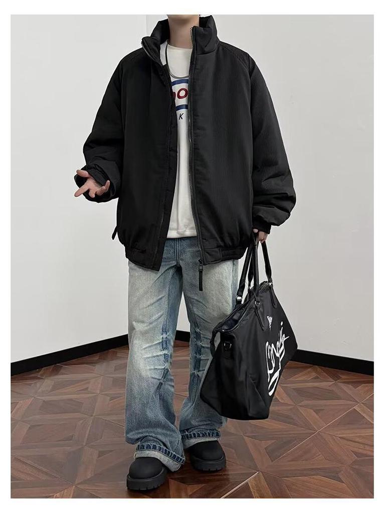 Men's Winter Maillard Stripe Cotton Jacket with Stand Collar - Japanese Neutral Style, Thick and Loose