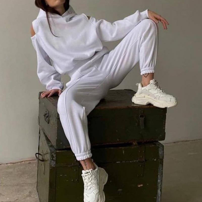 2026 Women's European & American Fashion Solid Color Two-Piece Set: Hooded Cropped Sweatshirt & Joggers