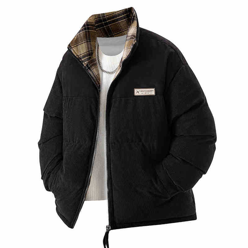 Plaid double-sided wear stand-up neck cotton clothes men's winter 2025 new retro loose couple versatile warm cotton-padded clothes