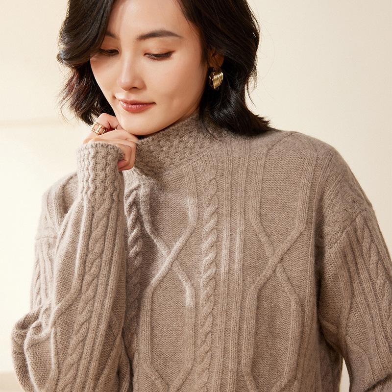 Women's Heavy Knit Wool Cashmere Cable Sweater with Half-High Neck - New Loose Fit for Autumn/Winter