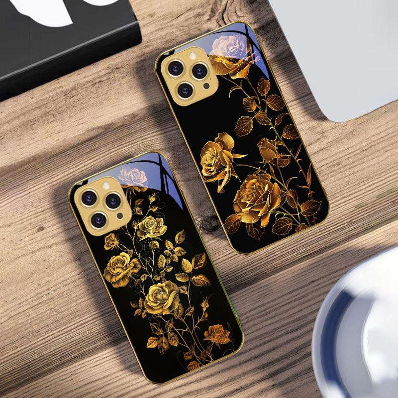 Golden Rose Flowers For IPhone 16 Pro Max 15 P Ro 14 M Ax 13 Plus 12 Mini 11 XS Max XR Golden Tempered Glass Phone Case