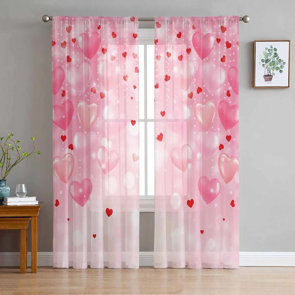 Valentine'S Day Pink Heart Sheer Drapes for Bedroom Living Room Decoration Window Curtain Kitchen Curtain Panels