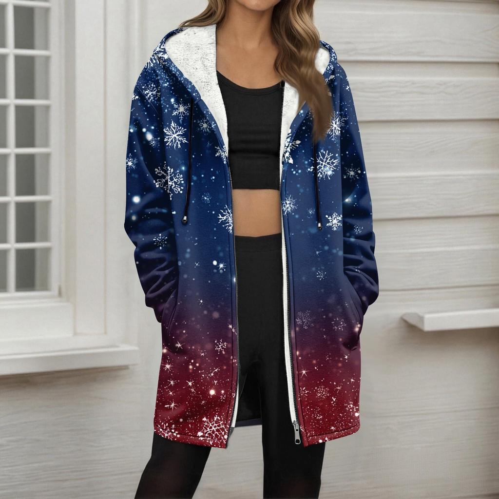 Women's Christmas Printed Fashionable Loose Zipper Fleece Hoodie Jacket