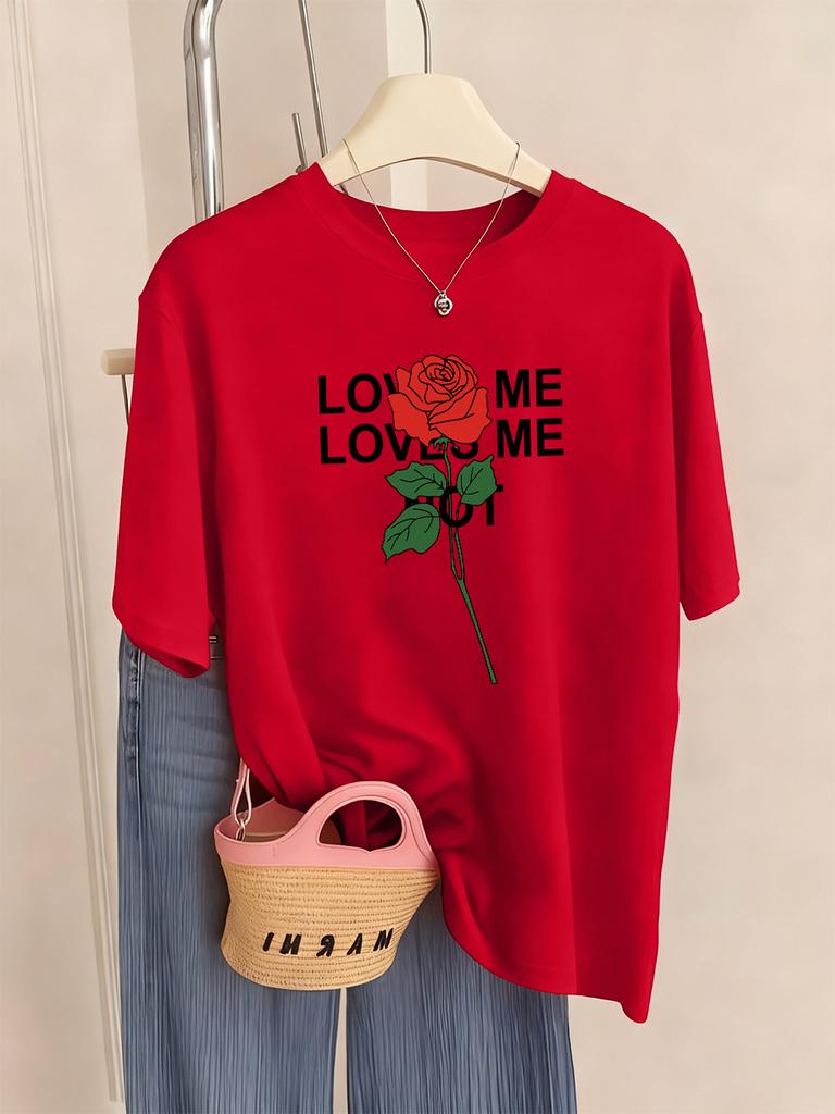 Loved Me Rose Flower Printed TShirts Women Casual ONeck Short Sleeve Tops Comfortable Loose T Shirt Summer Soft Womans Clothes