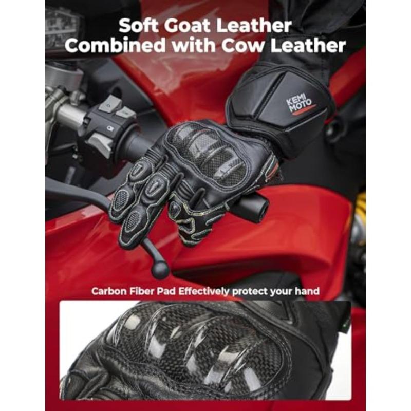 Motorcycle riding gloves for men and women, genuine leather with black color, CE-certified with ESA cushioning, Kevlar and carb