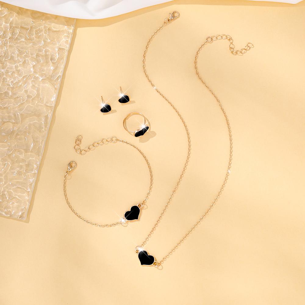 

Набор из 5 предметов женской модной и простой бижутерии: ожерелье в форме сердца, кольцо, браслет, серьги, аксессуары с цирконом для создания темпераментного образа чёрный