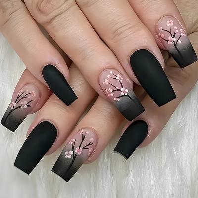 24 uñas postizas cuadradas con diseño de flores y plantas, con pegamento, desmontables y sencillas.