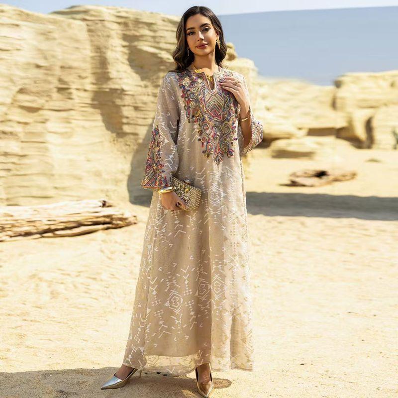 New Middle East Fashion Mesh Embroidery Embroidered Patchwork Robe Dress Mesh Embroidered Dress