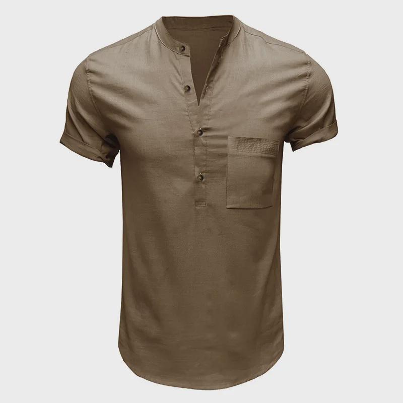 Men's Summer Cotton Linen Casual Pullover Short-Sleeve Shirt