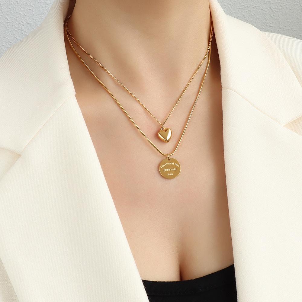 French Style Peach Heart Pendant Titanium 18K Gold Double Layer Necklace
