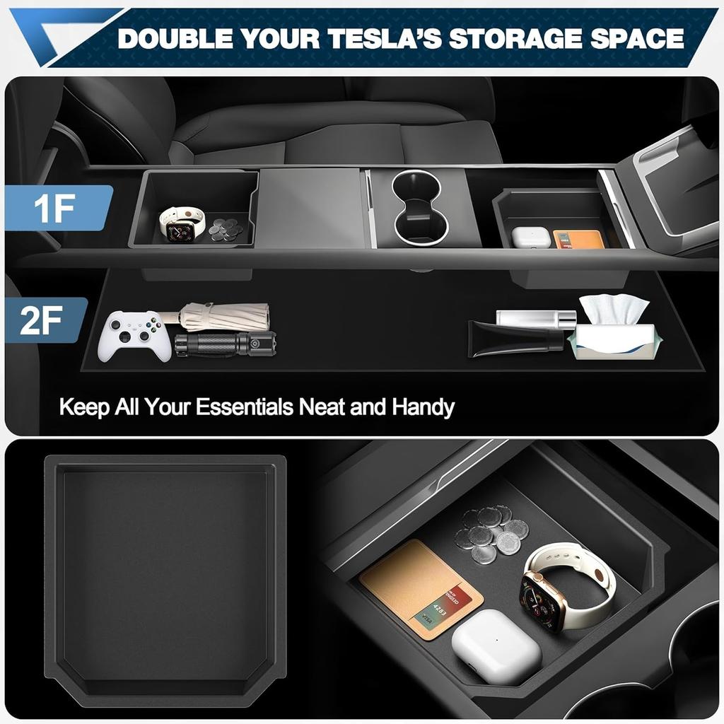 Für Tesla Model Y Juniper Model 3 Highland Mittelkonsolen-Organizer Armlehne Versteckte Aufbewahrungsbox vorne und hinten Untere Silikonmatte