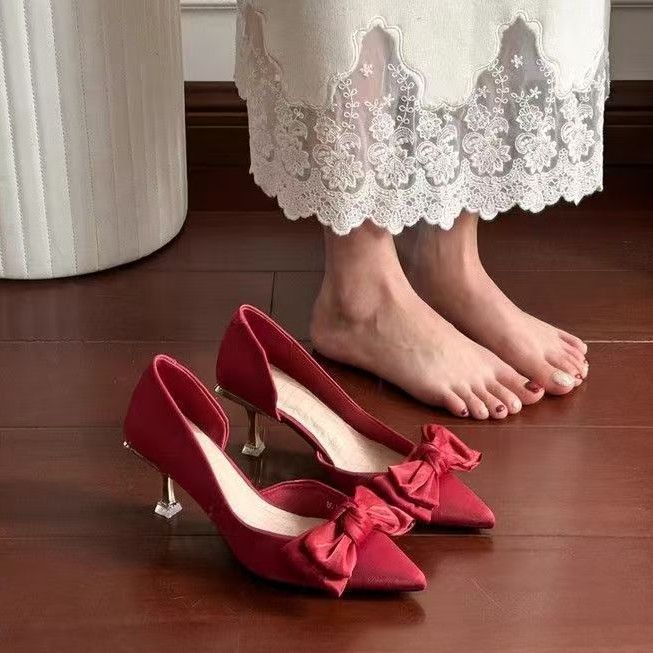 Pointed thin heels show high red festive bridal shoes wedding shoes show year side empty high heels bow