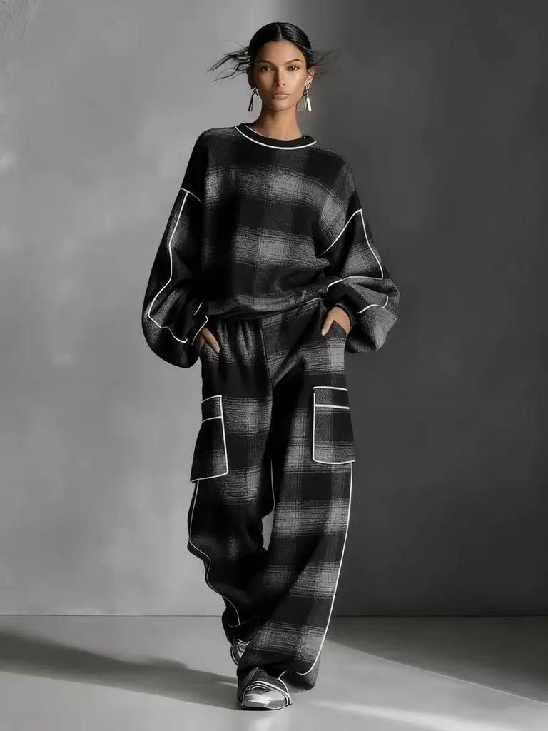 Costume Pantalon à Carreaux Euro-Américain pour Femme 2025, Couleur Dégradée Usée, Passepoil