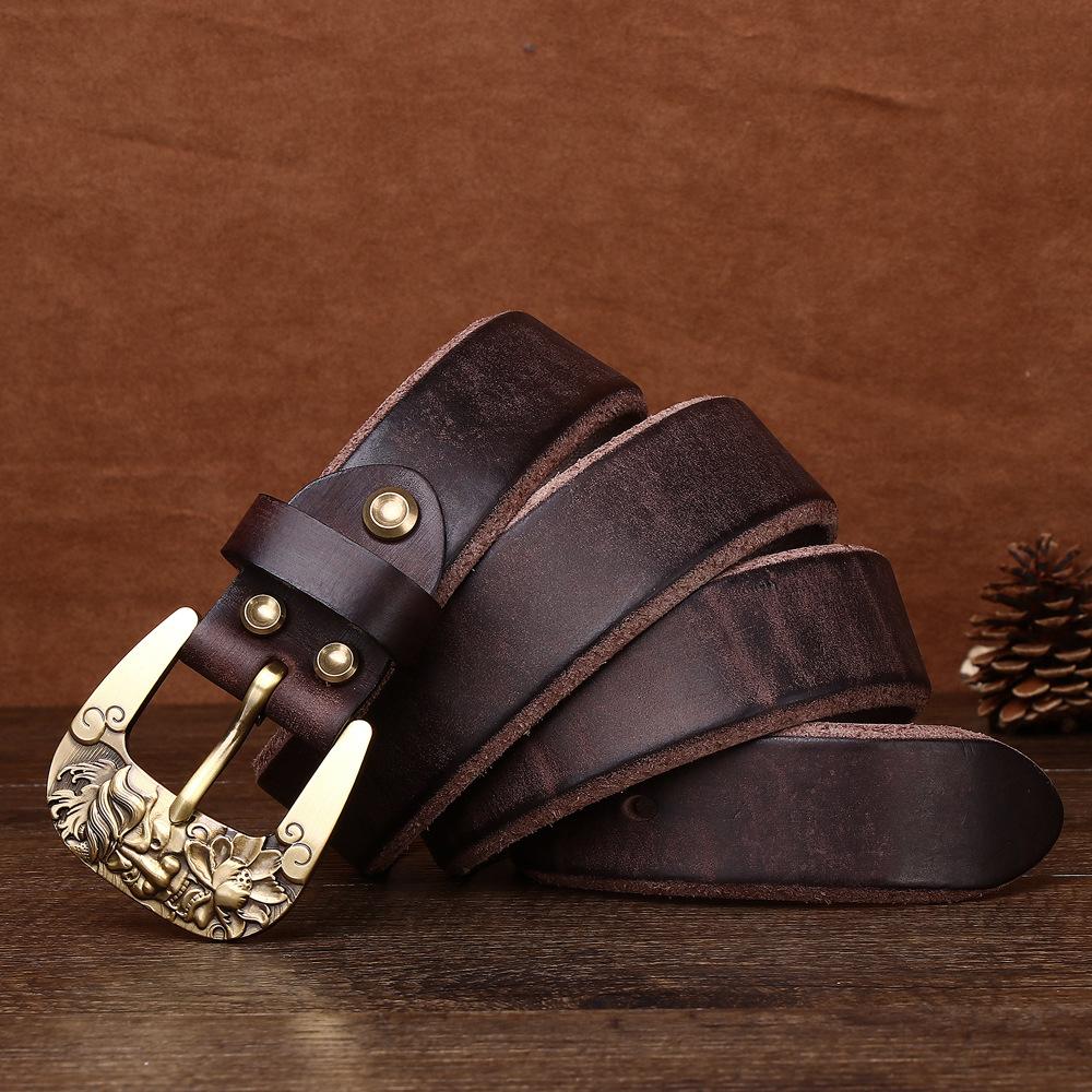 Rare And Super Thick Men'S First-Layer Cowhide Copper Buckle Lazy Belt Casual Guochao Retro Men'S Belt