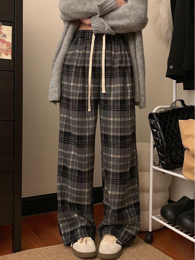 Women's Korean Style High Waist Plaid Wide Leg Pants - Retro, Loose, and Slimming for Spring & Autumn