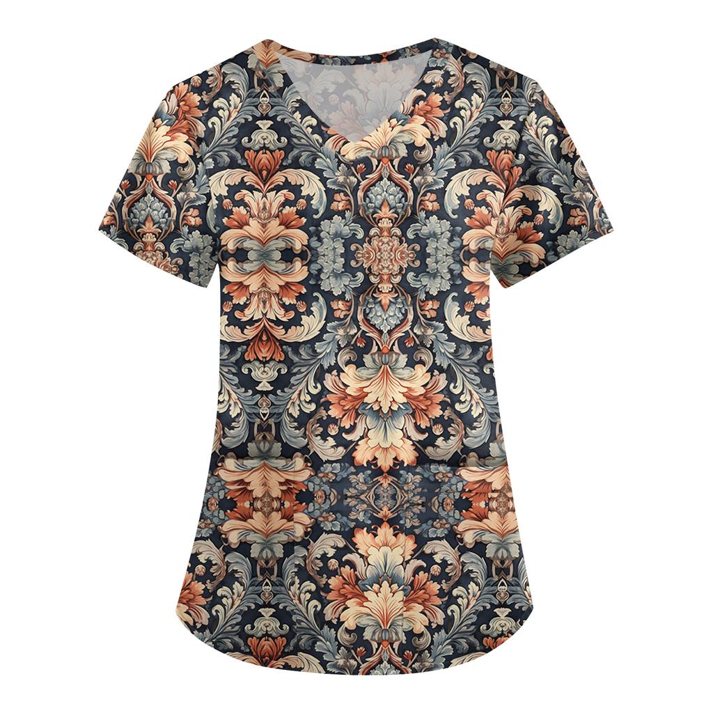 Dámské roztomilé tištěné pracovní oblečení s výstřihem do V, dvojité vrstvené kapsy Základní svetr s krátkým rukávem Valentines