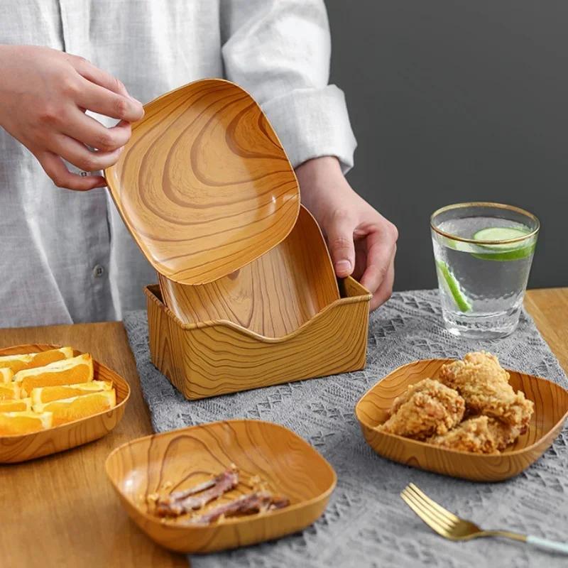 Caja creativa de plástico con imitación de veta de madera para escupir huesos, Bandeja para aperitivos de té de la tarde, Plato con veta de madera, Plato de frutas de alto valor