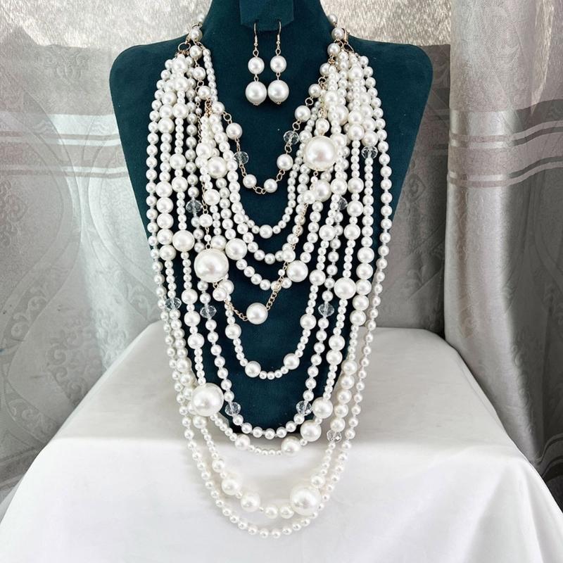 Elegant Multilayer Pearls Necklace and Earrings Set for Women Featuring Handmade Beading and Fashionable Designs