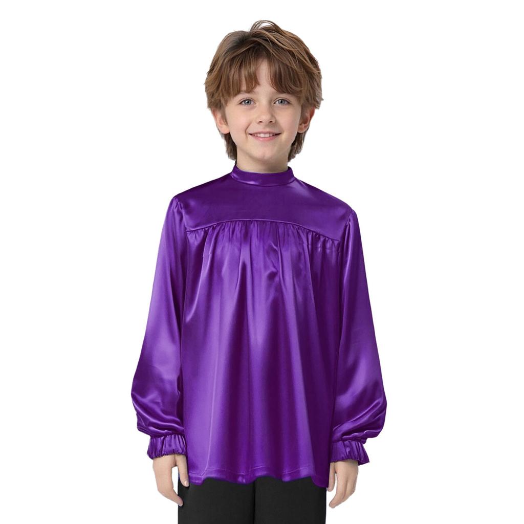 Chlapecké topy na liturgický tanec s vysokým límcem a dlouhým rukávem, se skrytým zipem vzadu, saténový top