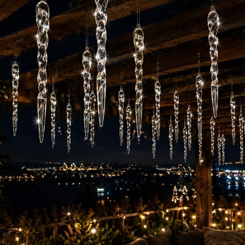 12Pcs Threaded Top Christmas Icicle Ornaments Clear Ice Strip Ornaments Holiday Party Decor