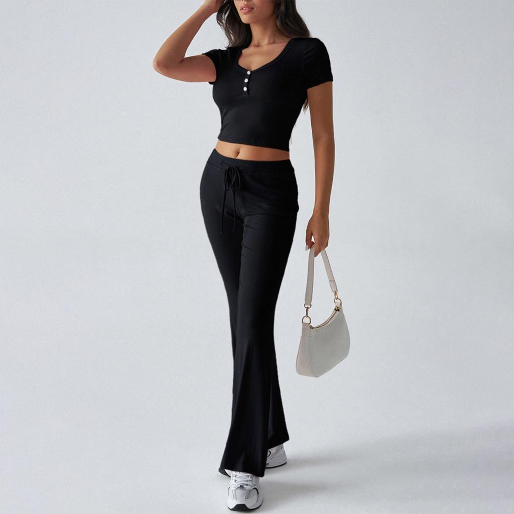 Women's Set Two Piece Short Sleeve Cropped Tops Matching Flare Pants Sets Casual
