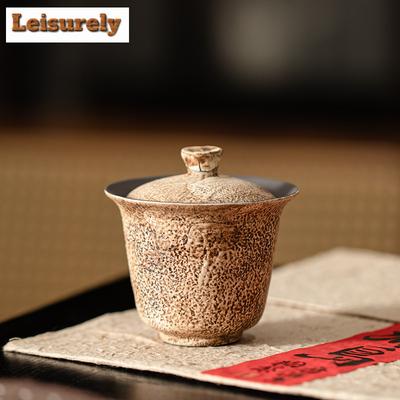 70ml Fatto a Mano Ceramica Grezza Gaiwan Retro Vecchio Fango di Roccia Piccolo Tazza da Tè Due Talenti Teiera Coperchio Ciotola Articoli da Tè Kung Fu Artigianato
